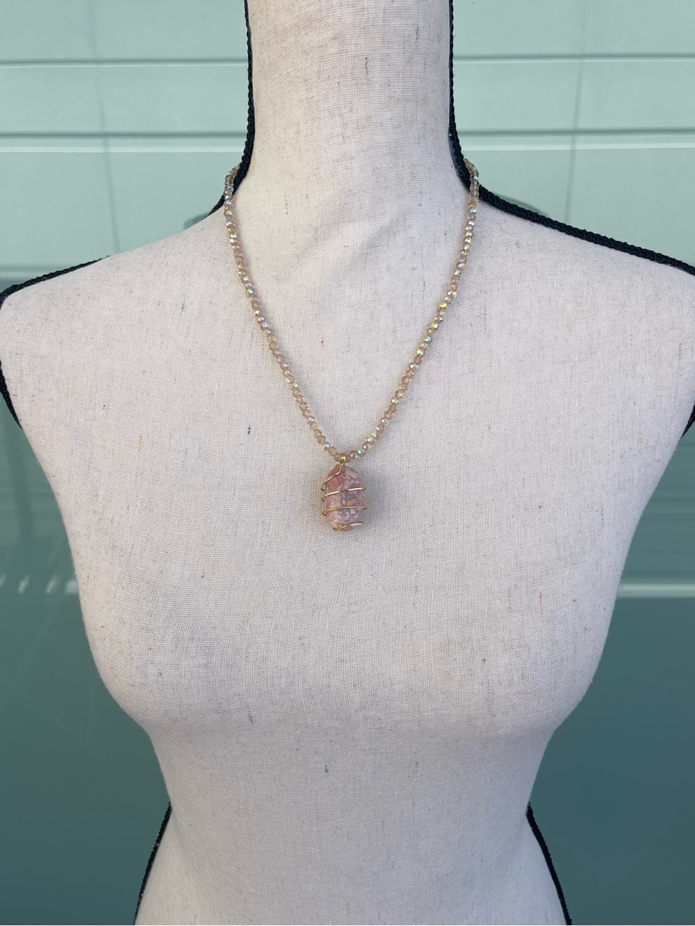 Cotton Candy Agate Gold Tone Wire Wrap on Champagne Glass Beads Pink & White - Picture 2 of 5